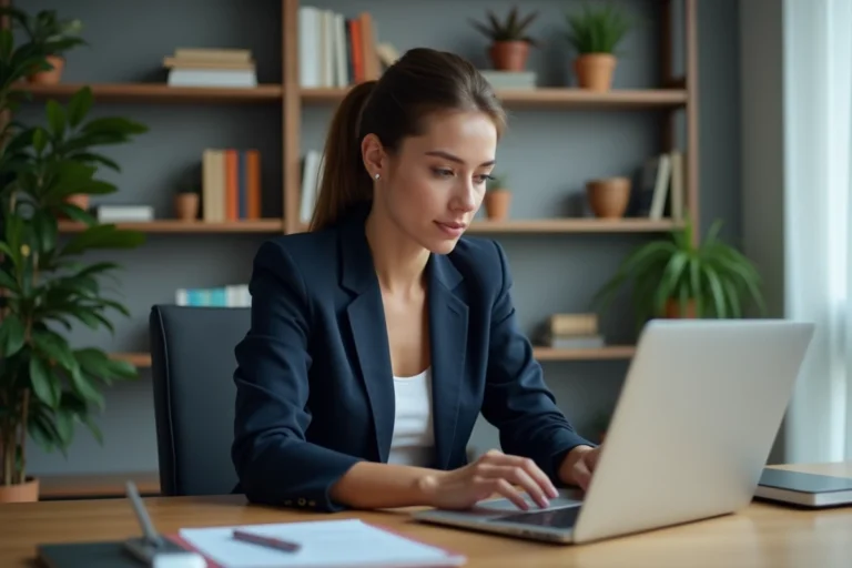 Femme concentrée travaillant sur son ordinateur dans un bureau