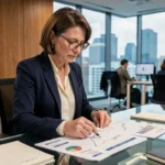 Femme cadre analysant des graphiques économiques dans un bureau moderne représentant le rôle des agents économiques