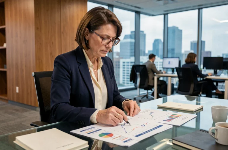 Femme cadre analysant des graphiques économiques dans un bureau moderne représentant le rôle des agents économiques