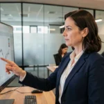 Femme cadre analysant les performances de son entreprise sur un écran dans un bureau moderne