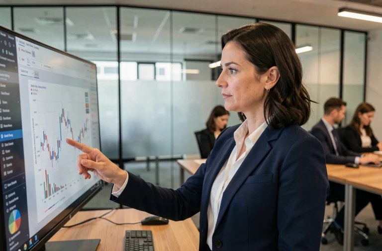 Femme cadre analysant les performances de son entreprise sur un écran dans un bureau moderne