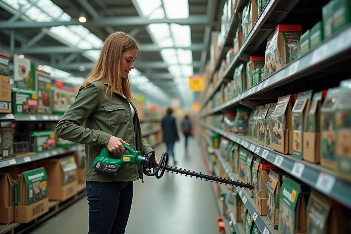 Femme comparant deux modèles de taille-haie sans fil dans un magasin de jardinage