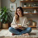 Femme souriante en sweater beige et jeans vintage dans un salon chaleureux