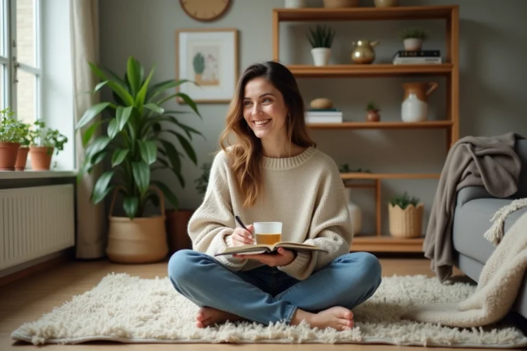 Femme souriante en sweater beige et jeans vintage dans un salon chaleureux