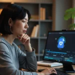 Femme utilisant un logiciel de conversion vidéo sur son ordinateur portable dans un bureau à domicile