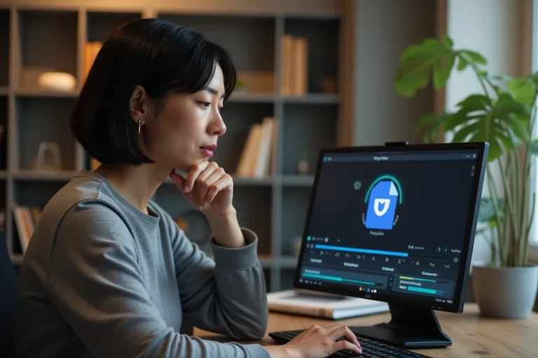 Femme utilisant un logiciel de conversion vidéo sur son ordinateur portable dans un bureau à domicile