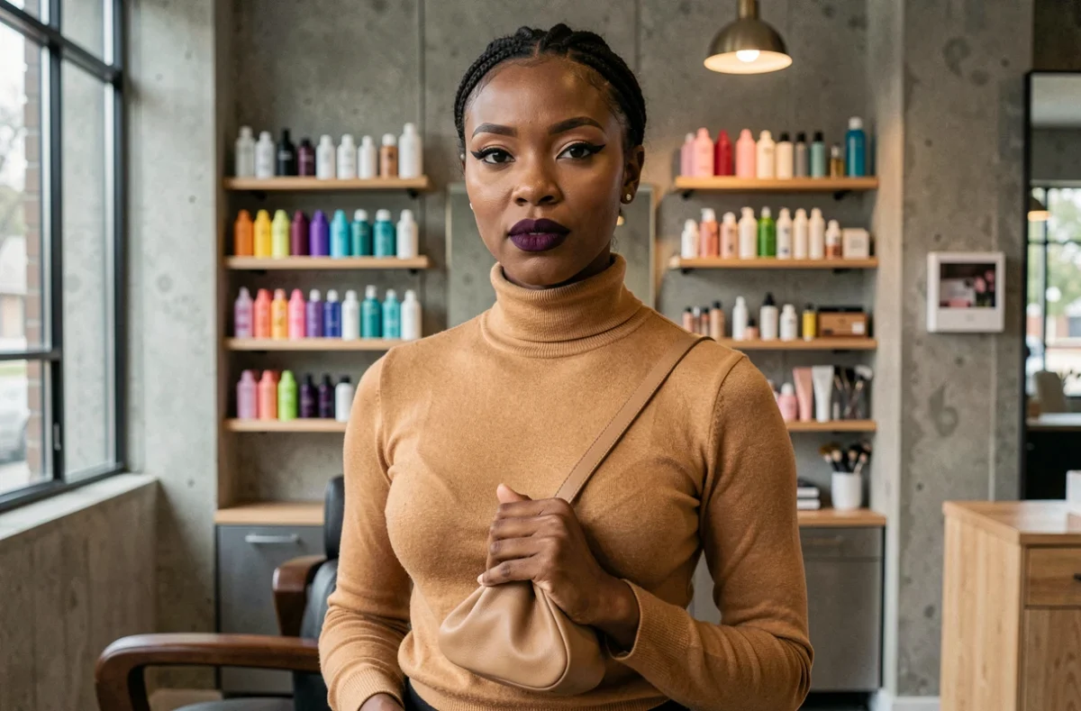 Femme avec un maquillage tendance graphique — eye-liner bold et lèvres prune — dans un salon de beauté contemporain aux murs en béton, incarnant les tendances beauté de la saison
