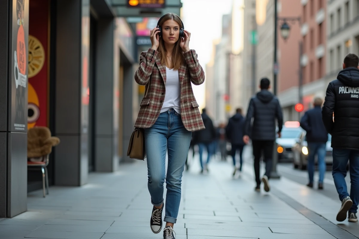 Jeune femme en blazer à carreaux marche dans la ville