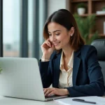 Femme professionnelle en formation en ligne dans un bureau moderne