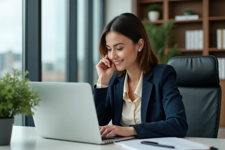 Femme professionnelle en formation en ligne dans un bureau moderne