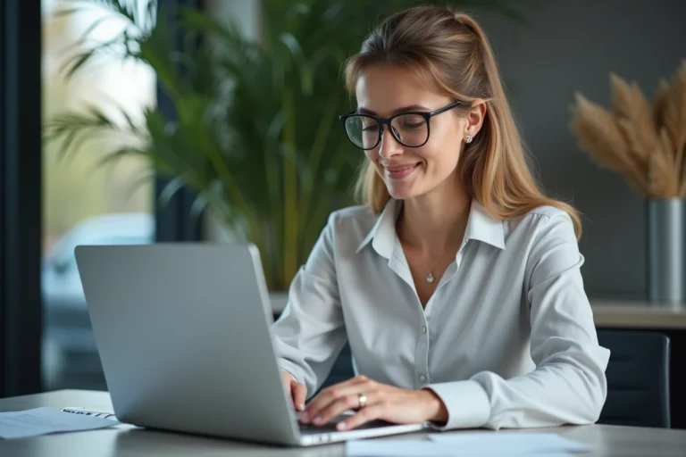 Femme professionnelle vérifiant ses emails sur son laptop à Bonneuil sur Marne