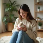 Jeune femme avec un lapin dans un salon lumineux