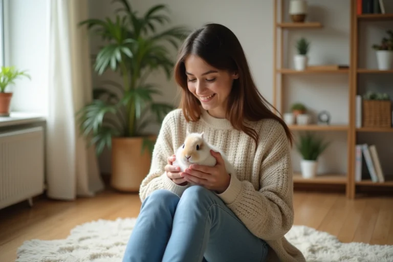 Jeune femme avec un lapin dans un salon lumineux