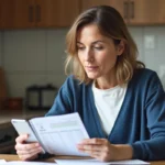 Femme méditative vérifiant son relevé Livret A à la maison