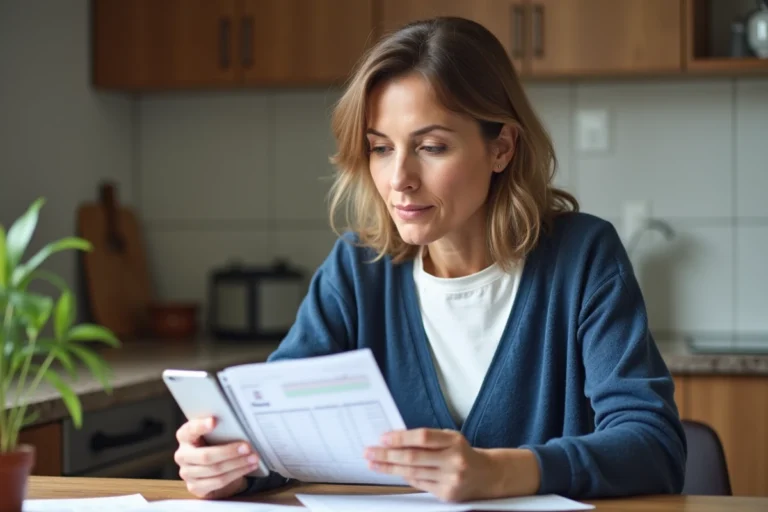 Femme méditative vérifiant son relevé Livret A à la maison