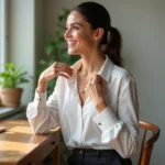 Femme souriante portant un collier en or dans un intérieur lumineux