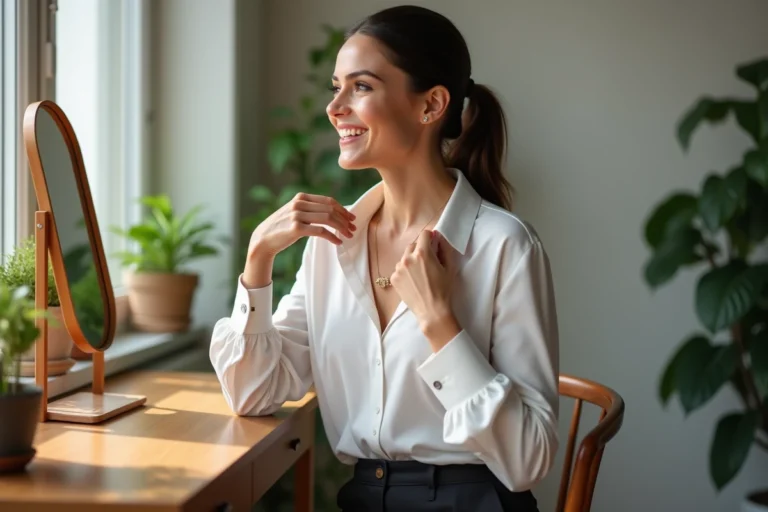 Femme souriante portant un collier en or dans un intérieur lumineux