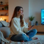 Jeune femme découvrant la plateforme de streaming Dibrav depuis son salon moderne sur un grand écran TV