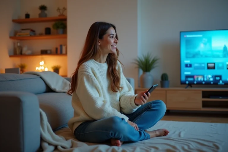 Jeune femme découvrant la plateforme de streaming Dibrav depuis son salon moderne sur un grand écran TV