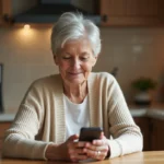 Femme senior tenant un téléphone Doro et lisant un message WhatsApp dans une cuisine chaleureuse