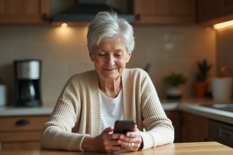 Femme senior tenant un téléphone Doro et lisant un message WhatsApp dans une cuisine chaleureuse