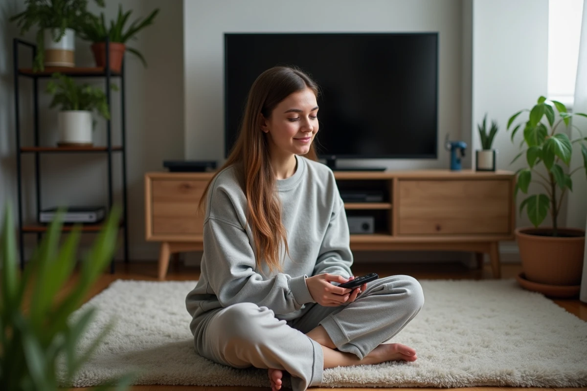 Jeune femme connectant un appareil HDMI devant TV