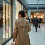 Femme en trench beige devant magasin de mode fermé