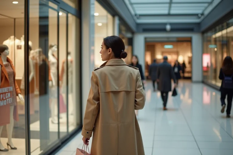 Femme en trench beige devant magasin de mode fermé