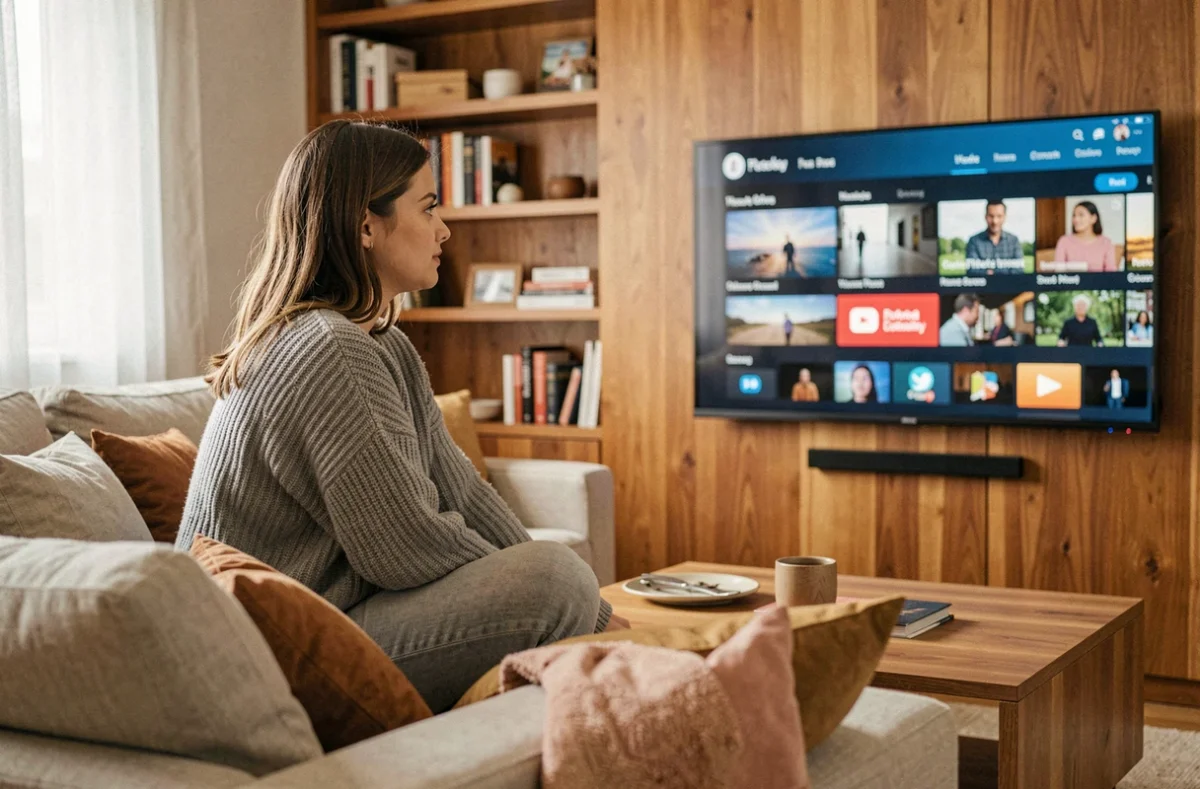 Jeune femme regardant une plateforme de streaming sur sa télévision depuis son canapé dans un salon cosy