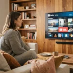 Jeune femme regardant une plateforme de streaming sur sa télévision depuis son canapé dans un salon cosy