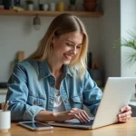 Jeune femme souriante travaillant sur son ordinateur dans une cuisine lumineuse