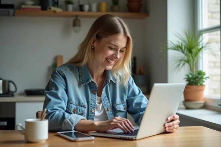 Jeune femme souriante travaillant sur son ordinateur dans une cuisine lumineuse