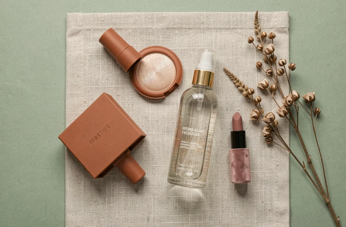 Flat lay éditorial des produits beauté tendance de la saison — bronzer terracotta, highlighter nacré, baume à lèvres rose poussiéreux et brume hydratante sur lin texturé
