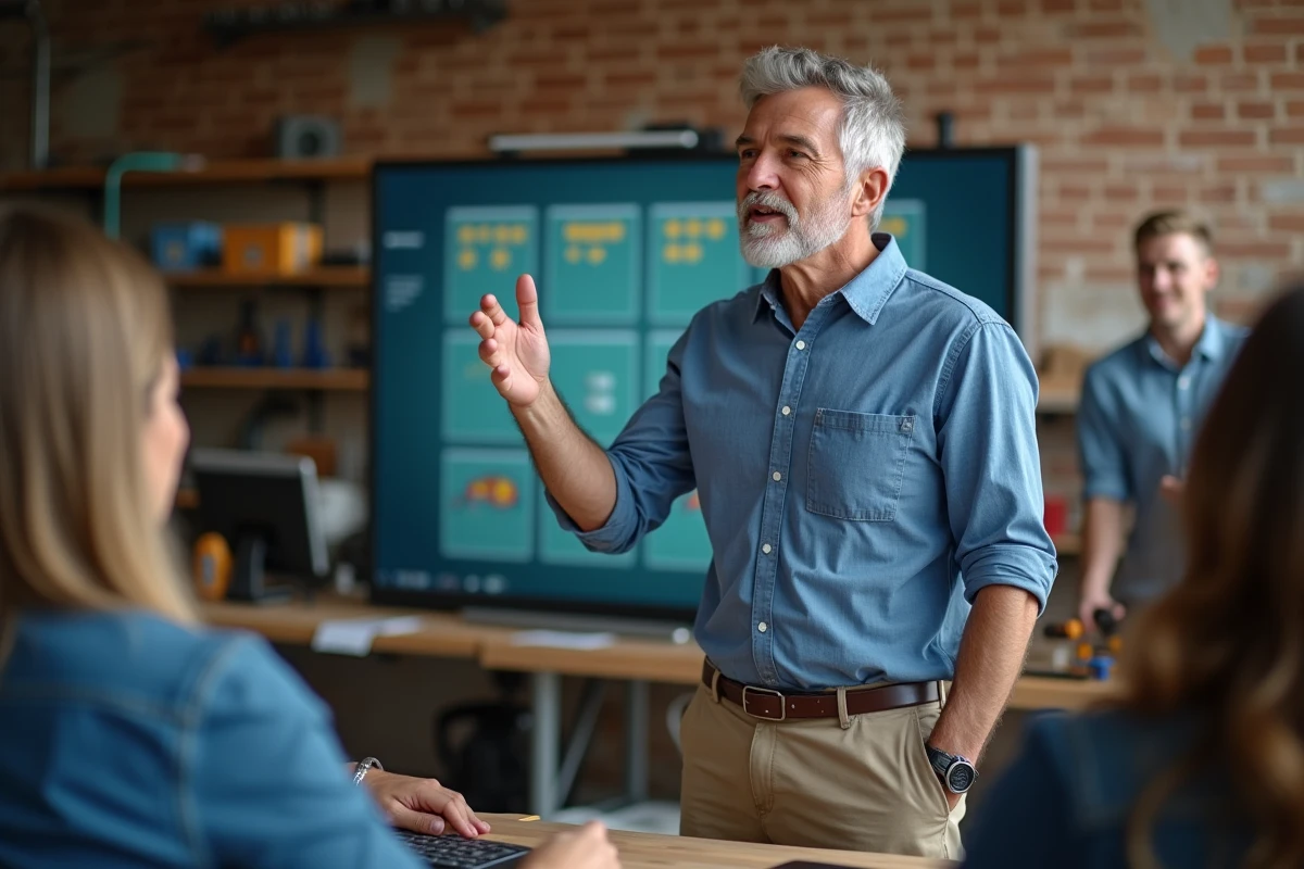 Formateur homme en atelier de formation avec outils et tableau interactif