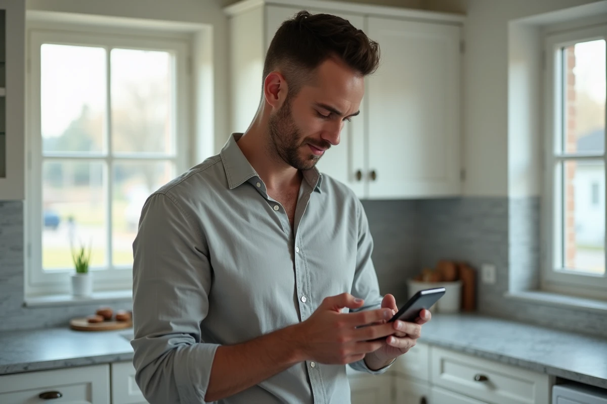 Homme consultant son compte CA22 sur smartphone dans une cuisine moderne