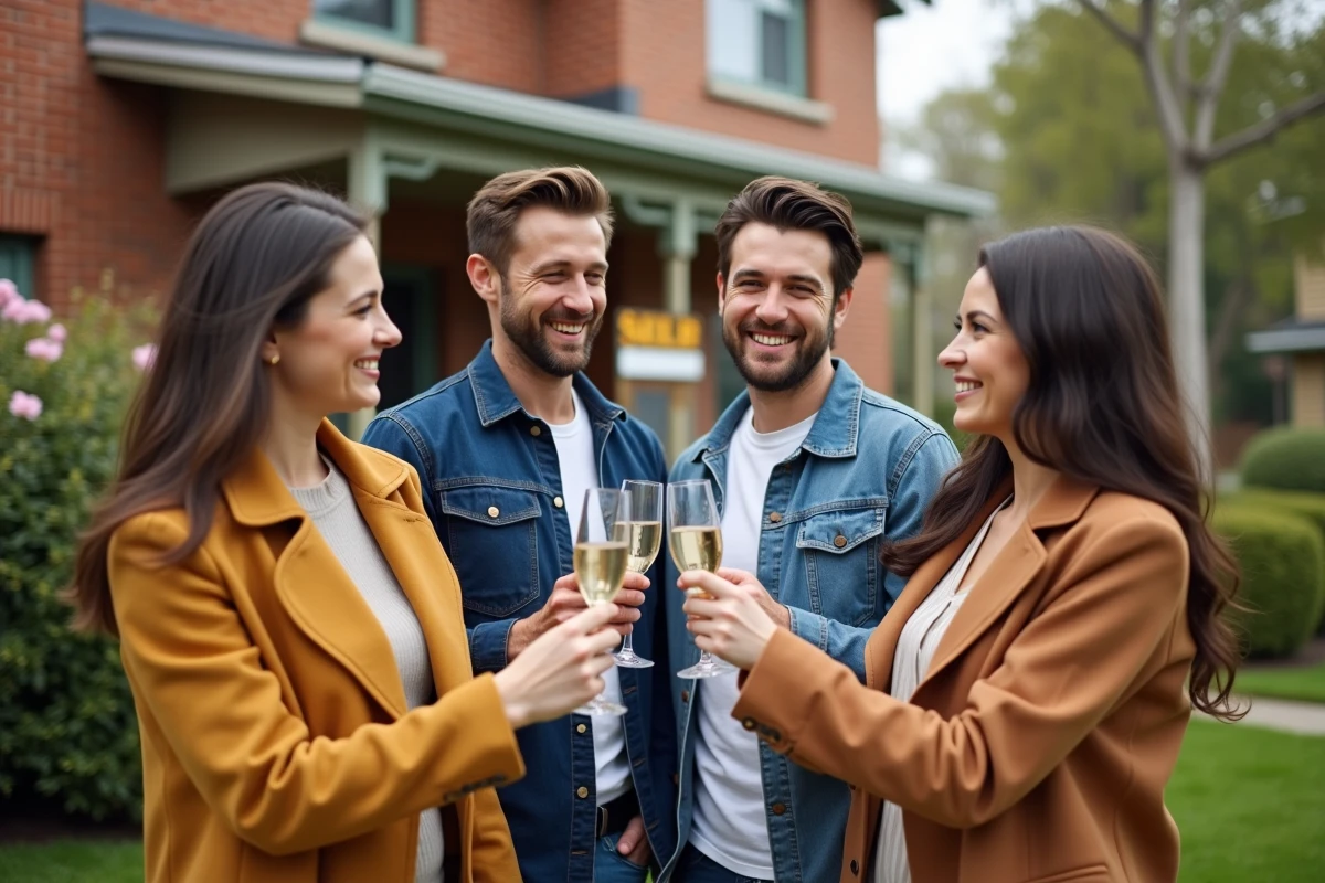 Groupe de personnes célébrant devant une maison vendue