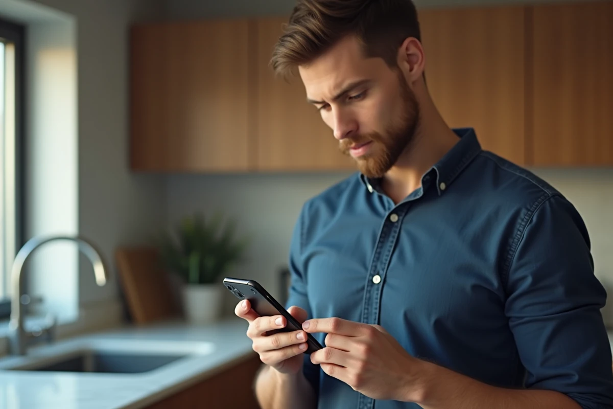 Homme consultant un guide d'installation d'application sur iPhone dans une cuisine moderne