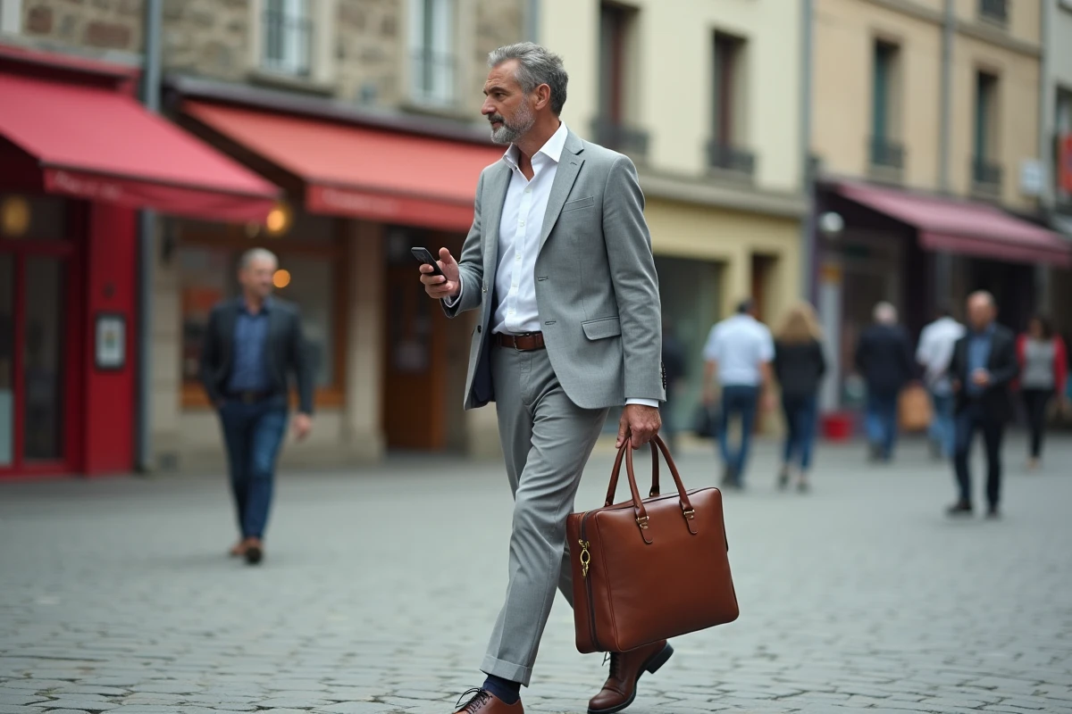 Homme d'affaires traversant une place commerçante animée à Rennes symbolisant les opportunités économiques locales