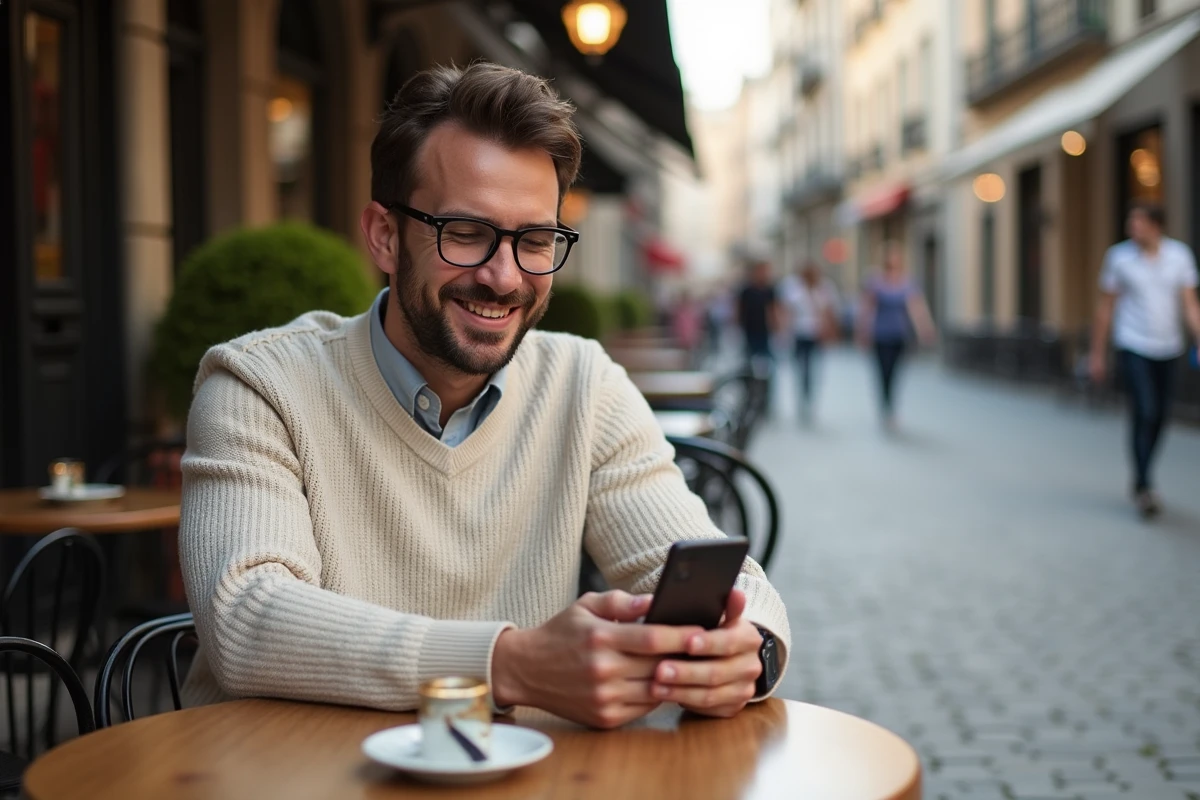 Homme détendu utilisant son smartphone dans un café extérieur