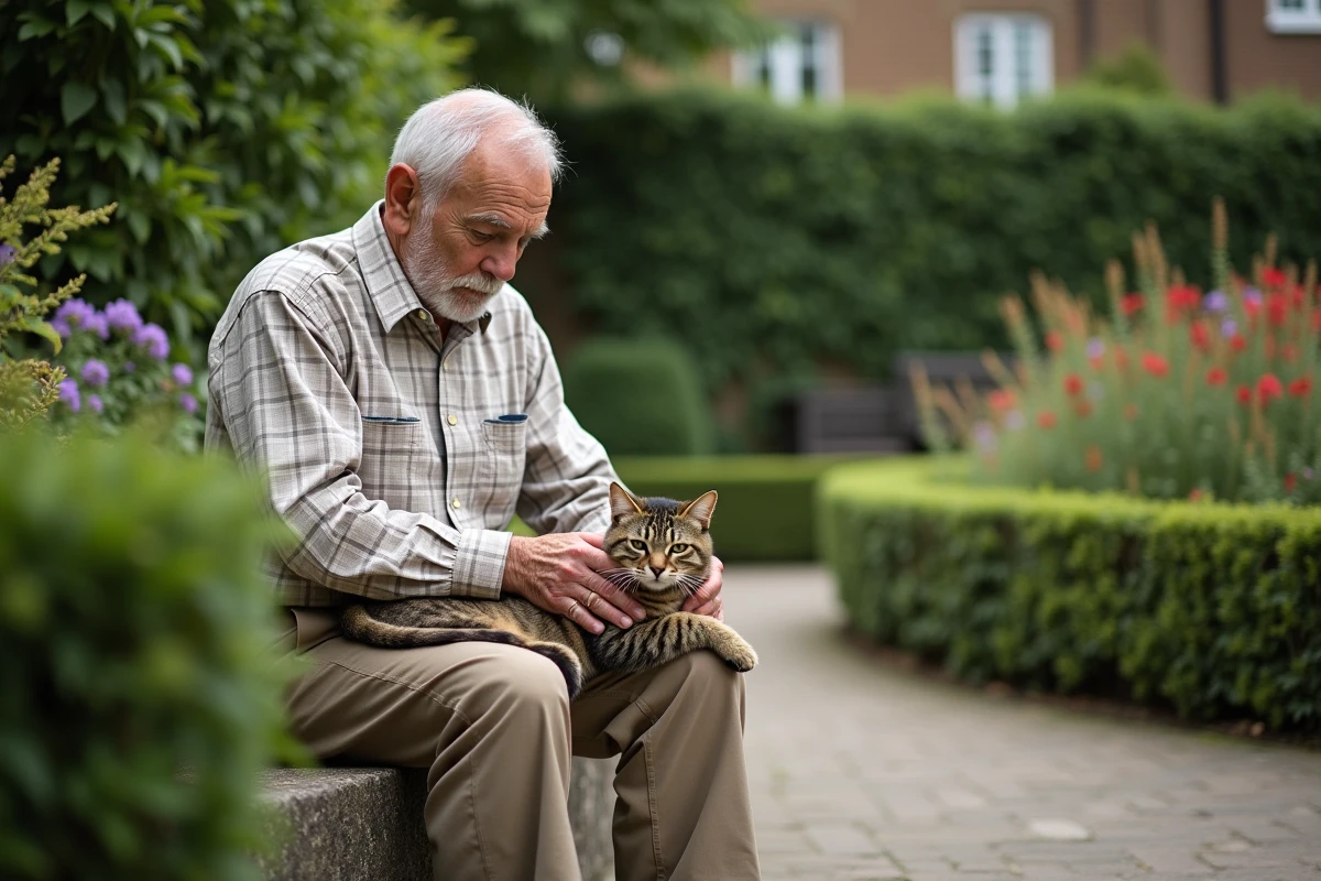 Homme âgé avec un chat dans un jardin paisible