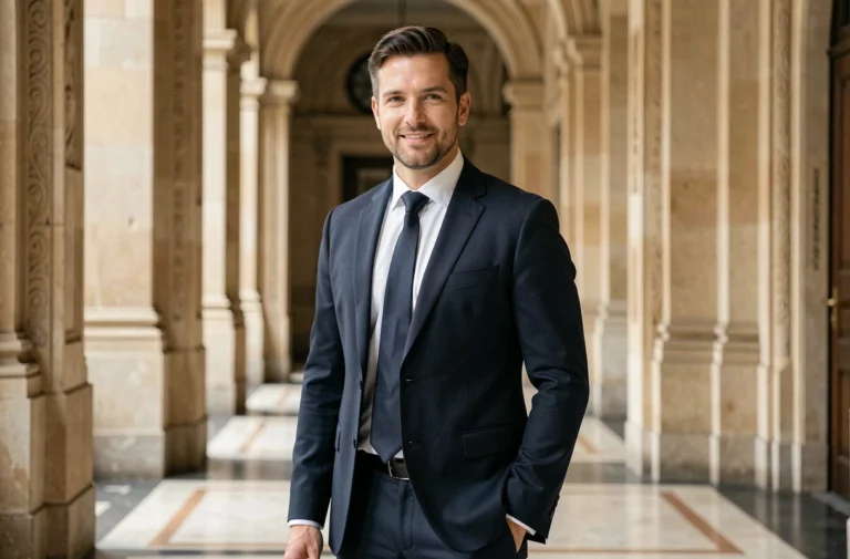 Portrait élégant d'un homme en costume sombre dans un hall parisien, évoquant l'atmosphère politique et mondaine d'un mariage médiatisé