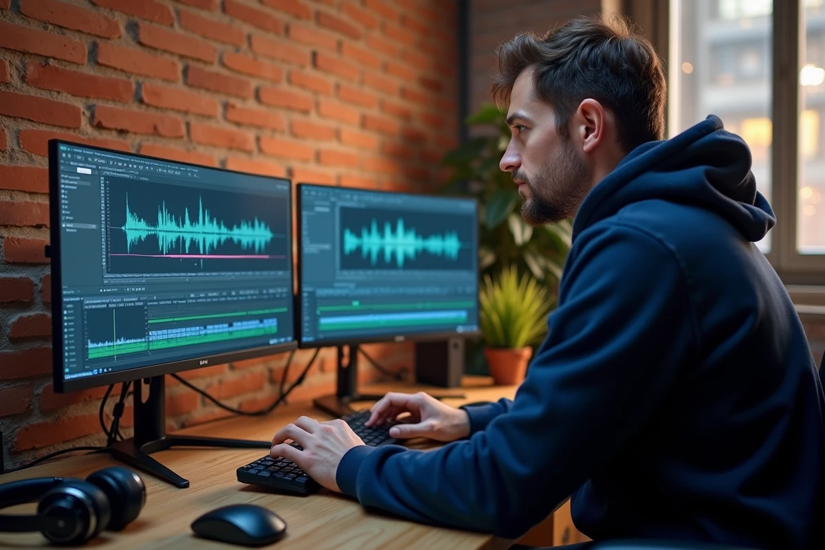 Homme travaillant sur un logiciel de conversion de fichiers multimédias avec deux écrans dans un studio créatif