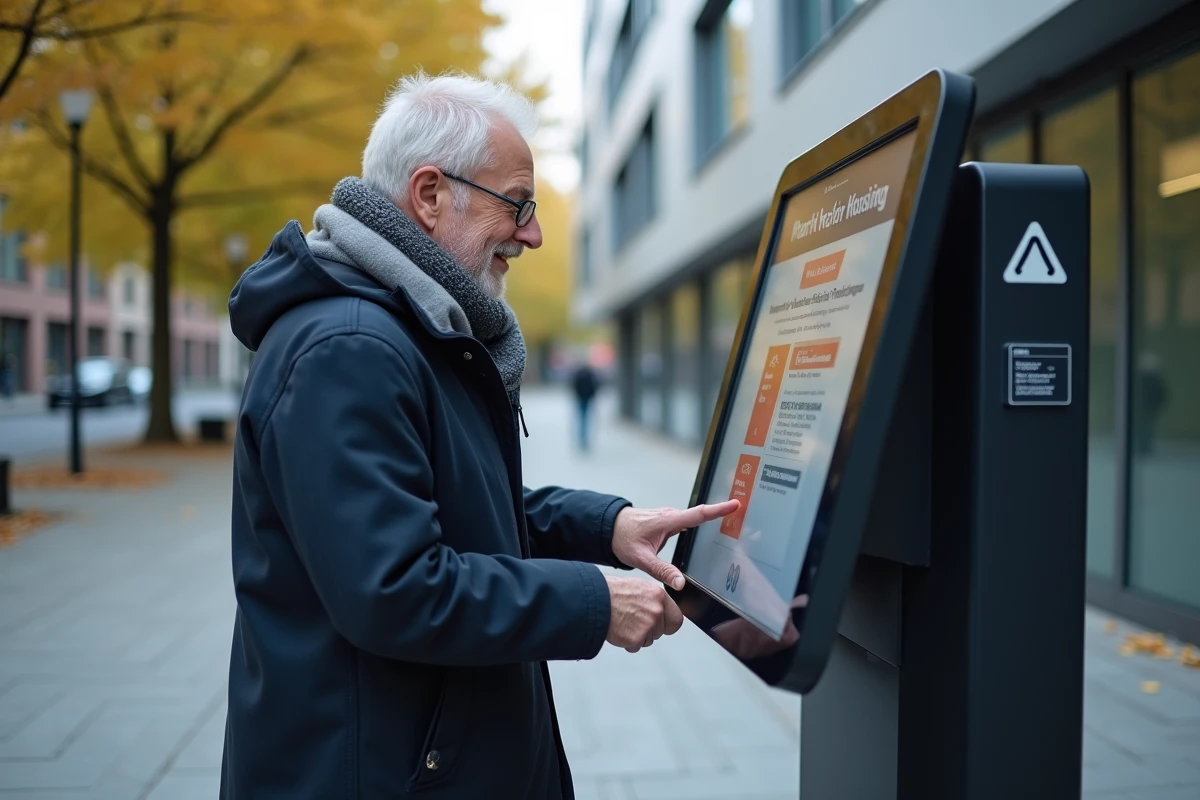 Homme utilisant un kiosque interactif pour rechercher un logement social