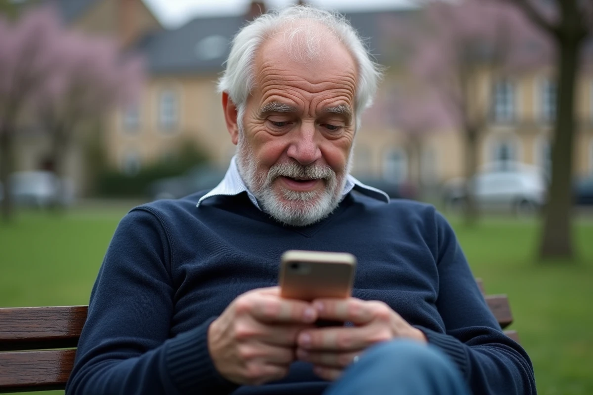 Homme âgé utilisant son smartphone pour accéder à ses emails dans un parc à Bonneuil