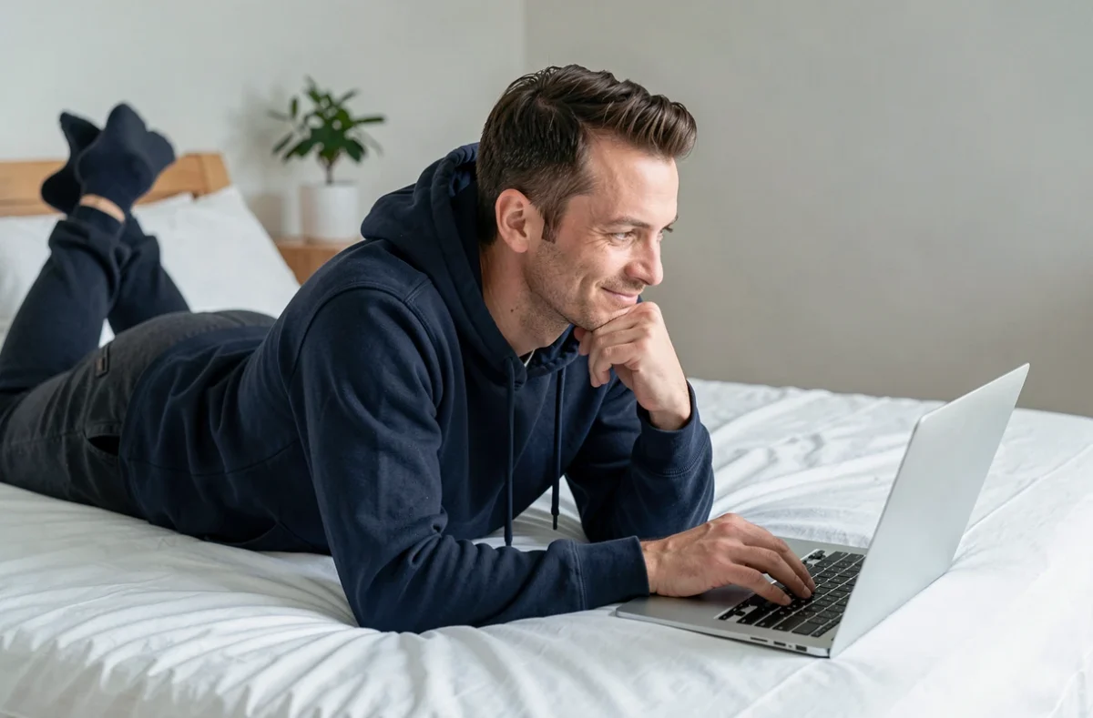 Homme parcourant un catalogue de films sur un ordinateur portable allongé sur son lit