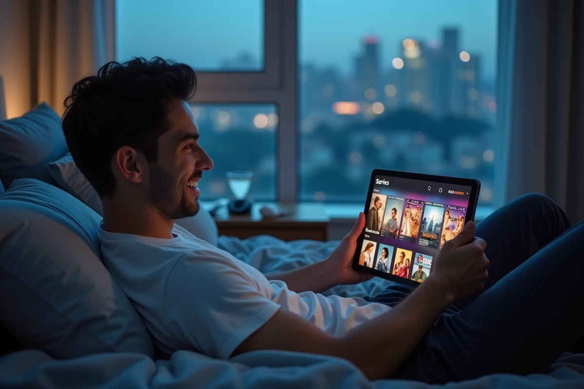 Homme détendu dans sa chambre utilisant une tablette pour naviguer sur une interface de streaming en ligne