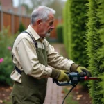 Homme utilisant un taille-haie électrique pour entretenir une haie verte dans un jardin soigné