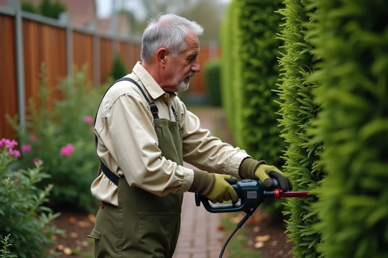Homme utilisant un taille-haie électrique pour entretenir une haie verte dans un jardin soigné