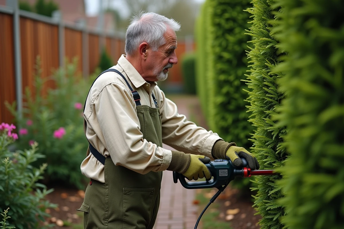 Homme utilisant un taille-haie électrique pour entretenir une haie verte dans un jardin soigné