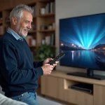 Homme d'âge moyen avec télécommande devant TV moderne